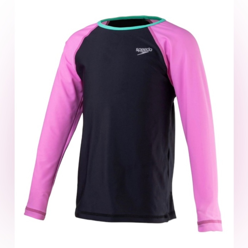 Speedo Solid Raglan Rashguard Fuchsia Big Girls Pink/Black L